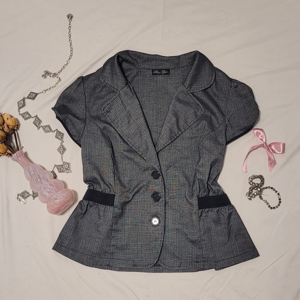 Chic Y2K Office Siren Blazer Blouse With Cap Sleeves